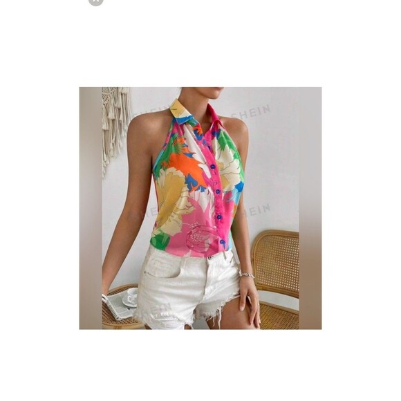 SHEIN Blouse Adult M Floral Colorful SemiSheer Shirt Women Buttons Sleeveless - Picture 5 of 12